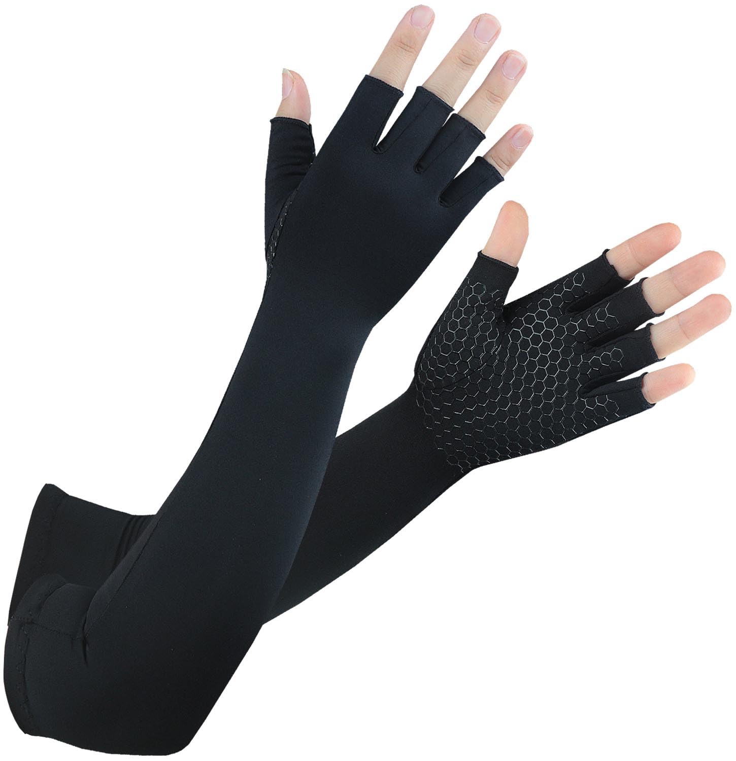 Long Copper Arthritis Gloves for Carpal Tunnel, Compression Gloves for Hand Pain Relief, Wrist Arm Support, Fingerless Typing Gloves for Rheumatoid, Tendonitis, Fits Women Men, 1 Pair